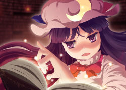 Rule 34 | 1girl, book, bow, bowtie, crescent, female focus, hat, lowres, mob cap, open book, patchouli knowledge, purple eyes, purple hair, reading, solo, touhou, upper body
