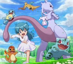 Rule 34 | 1girl, :d, ambertwo (pokemon), aqua hair, blue eyes, bow, bulbasaur, charmander, chasing, child, cloud, creatures (company), day, dragon, dragonite, dress, dress bow, fearow, flame-tipped tail, flower, from below, game freak, gen 1 pokemon, grass, happy, legendary pokemon, long hair, mew (pokemon), mewtwo, mythical pokemon, nintendo, open mouth, outstretched arm, pokemoa, pokemon, pokemon: the first movie - mewtwo strikes back, pokemon (anime), pokemon (classic anime), pokemon (creature), red bow, running, sky, smile, squirtle, starter pokemon trio, tongue