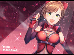 Rule 34 | 1girl, :d, animal ears, audience, bare shoulders, blush, breast tattoo, breasts, brown hair, cat ears, character name, choker, cleavage, earrings, elbow gloves, fang, fingerless gloves, gloves, green eyes, idolmaster, idolmaster cinderella girls, indoors, jewelry, kouda hayato (e-gis), lace trim, large breasts, lips, looking at viewer, maekawa miku, microphone, open mouth, paw print, petals, short hair, smile, solo, spotlight, sweat, tattoo, upper body, zipper