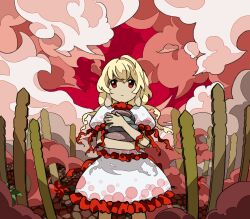 Rule 34 | 1girl, blonde hair, closed mouth, cloud, commentary request, cowboy shot, ebisu eika, frilled skirt, frills, highres, holding, holding rock, kaigen 1025, long earlobes, long hair, no nose, outdoors, puffy short sleeves, puffy sleeves, red eyes, red sky, rock, shirt, short sleeves, skirt, skirt set, sky, solo, touhou, white shirt, white skirt