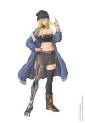 Rule 34 | 1girl, absurdres, alternate costume, alternate hair length, alternate hairstyle, android, android 18, bare shoulders, beanie, belt, black hat, black thighhighs, blue dragon, breasts, brown footwear, cleavage, dragon ball, dragonball z, eyeliner, full body, geoffrey daigon, hand in own hair, hand on own hip, hat, highres, humanoid robot, joints, lips, long coat, long hair, makeup, mechanical legs, medium breasts, midriff, navel, o-ring collar, off-shoulder jacket, off shoulder, pencil skirt, red ribbon army, robot, robot joints, shoulder tattoo, side slit, single mechanical leg, single thighhigh, skirt, solo, standing, strapless, tattoo, thighhighs, tube top, zola (blue dragon)