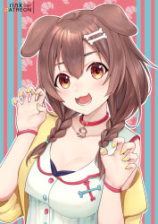 Rule 34 | 1girl, :3, :d, animal ears, artist name, bone hair ornament, braid, breasts, brown eyes, brown hair, cartoon bone, claw pose, collar, collarbone, commentary request, dog ears, dress, fangs, hair between eyes, hair ornament, hair over shoulder, hands up, highres, hololive, inugami korone, inugami korone (1st costume), jacket, lo xueming, long hair, looking at viewer, low twintails, medium breasts, nail polish, off shoulder, open clothes, open jacket, open mouth, red collar, short sleeves, sleeveless, sleeveless dress, smile, solo, twin braids, twintails, upper body, virtual youtuber, white dress, yellow jacket, yellow nails