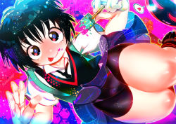 Rule 34 | 1girl, :p, bike shorts, black hair, blush, breasts, closed mouth, food, hakkasame, legs, looking at viewer, marvel, matching hair/eyes, necktie, peni parker, pleated skirt, popsicle, school uniform, short hair, short sleeves, shorts, shorts under skirt, skirt, small breasts, smile, solo, sp//dr, spider-man: into the spider-verse, spider-man (series), spider-verse, thick thighs, thighs, tongue, tongue out, upskirt