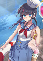 Rule 34 | 1girl, absurdres, bare shoulders, black hair, blue eyes, braid, breasts, dixie cup hat, fate/grand order, fate (series), hat, highres, looking at viewer, low twin braids, medium breasts, military hat, multicolored hair, neckerchief, pink hair, red neckerchief, sailor collar, sidelocks, smile, streaked hair, take978733141, twin braids, utsumi erice, utsumi erice (swimsuit avenger), white headwear
