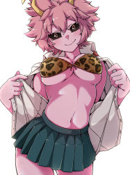 Rule 34 | 1girl, animal print, ashido mina, black sclera, blouse, boku no hero academia, bra, breasts, closed mouth, colored sclera, colored skin, cowboy shot, gokuu (acoloredpencil), hair between eyes, hands up, head tilt, highres, leopard print, looking at viewer, medium breasts, microskirt, navel, open clothes, open shirt, pink hair, pink skin, pleated skirt, seductive smile, shirt, short hair, simple background, skindentation, skirt, smile, solo, stomach, unbuttoned, underboob, underwear, undressing, white background, white shirt, yellow eyes