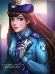 Rule 34 | 1girl, animal print, badge, blue necktie, blue shirt, blurry, blurry background, breast pocket, breasts, brown eyes, brown hair, collared shirt, d.va (overwatch), facepaint, facial mark, female service cap, gloves, headphones, holding, lens flare, lips, long hair, long sleeves, looking at viewer, md5 mismatch, name tag, necktie, nindei, nose, officer d.va, official alternate costume, overwatch, overwatch 1, patch, pink lips, pocket, rabbit print, resolution mismatch, shirt, small breasts, solo, source larger, striped necktie, striped neckwear, upper body, watermark, web address, whisker markings, white gloves, window