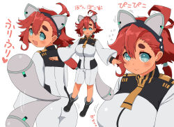Rule 34 | 1girl, alternate breast size, animal ears, blue eyes, breasts, cat ears, cat tail, commentary request, eyebrows hidden by hair, gundam, gundam suisei no majo, highres, jacket, large breasts, mechanical ears, mechanical tail, naitou kouse, open mouth, ponytail, red hair, shorts, smile, suletta mercury, tail, thick eyebrows, translation request, white jacket, white shorts