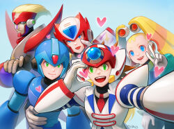 Rule 34 | 1girl, 4boys, absurdres, armor, axl (mega man), blonde hair, blue armor, blue background, blue eyes, blue helmet, brown hair, commentary request, cross scar, detached hair, forehead jewel, formal, green eyes, half-heart hands, heart, highres, long hair, mega man (series), mega man x (series), mega man x dive, multiple boys, nao (gatita), official alternate costume, outstretched arm, pallette (mega man), red (mega man x), red armor, red helmet, scar, scar on face, selfie, short hair, shoulder armor, simple background, smile, spiked hair, suit, tongue, tongue out, twintails, v, white armor, white suit, x (mega man), zero (mega man)