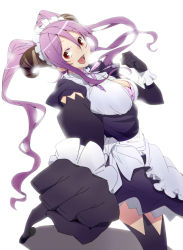 Rule 34 | amami amayu, bra, breasts, demon girl, elbow gloves, gloves, horns, large breasts, lingerie, long hair, maid headdress, monster collection, punching, purple hair, red eyes, solo, twintails, underwear