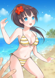 Rule 34 | 1girl, 1other, :d, beach, bikini, black hair, blue eyes, breasts, cleavage, commentary request, flower, hair flower, hair ornament, hibiscus, highres, hikawa20, large breasts, long hair, looking at viewer, navel, ocean, open mouth, original, outdoors, ponytail, smile, solo focus, striped bikini, striped clothes, swimsuit, teeth, upper teeth only