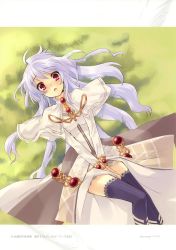 Rule 34 | 1girl, :o, al-fin, albino, black thighhighs, blush, coat, female focus, gem, gradient background, grass, ito noizi, jewelry, long hair, lying, official art, open mouth, red eyes, sega, shawl, shining (series), shining force feather, solo, thighhighs, white hair