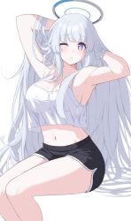 Rule 34 | 1girl, armpits, arms behind head, black shorts, blue archive, blush, breasts, cleavage, commentary, grey hair, halo, hickey, highres, large breasts, long hair, midriff, navel, noa (blue archive), one eye closed, purple eyes, reia 76, short hair, shorts, simple background, sitting, solo, tank top, thighs, very long hair, white background