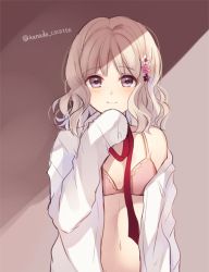 Rule 34 | 10s, 1girl, blonde hair, blush, bra, closed mouth, curly hair, diabolik lovers, flower, hair ornament, hairpin, ichinose (sorario), komori yui, looking at viewer, loose clothes, navel, necktie, open clothes, open shirt, petite, pink bra, pink eyes, rejet, shirt, simple background, smile, solo, twitter username, underwear, upper body