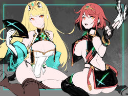 Rule 34 | 2girls, alternate costume, black legwear, blonde hair, boots, breasts, china dress, chinese clothes, dress, highres, large breasts, multiple girls, mythra (xenoblade), no panties, pantyhose, pyra (xenoblade), qipao dress, red eyes, red hair, robot cat (robotcatart), sideboob, smile, thigh boots, thighhighs, xenoblade chronicles (series), xenoblade chronicles 2, yellow eyes
