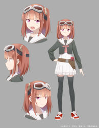 Rule 34 | 1girl, absurdres, black shirt, black thighhighs, blunt bangs, brown eyes, brown hair, closed mouth, dress, frown, fujinomisaki school uniform, goggles, goggles on head, grey background, hand on own hip, highres, hoshikuzu telepath, long sleeves, medium hair, multiple views, neck ribbon, official art, open mouth, pink ribbon, pleated dress, profile, raimon matataki, red footwear, ribbon, sailor collar, school uniform, screwdriver, shirt, shirt over dress, shoes, short dress, sidelocks, simple background, sneakers, thighhighs, tool belt, two side up, v-shaped eyebrows, white dress, white sailor collar