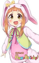 Rule 34 | 1girl, 2017, :d, animal costume, animal hood, blunt bangs, blush, bow, buttons, cowboy shot, dated, eyebrows, green vest, happy birthday, hood, hood up, ichihara nina, idolmaster, idolmaster cinderella girls, legs apart, long hair, long sleeves, looking at viewer, open clothes, open mouth, open vest, orange hair, pastel colors, pink ribbon, rabbit costume, rabbit hood, ribbon, simple background, smile, solo, tareme, tongue, unbuttoned, vest, wagashi928, white background, yellow bow, yellow eyes