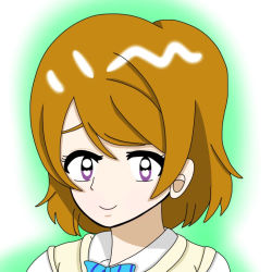 Rule 34 | 1girl, aqua bow, artist name, artist request, blue bow, blush, bow, bowtie, breasts, brown hair, close-up, collared shirt, dress, female focus, hair between eyes, heart, heart-shaped pupils, koizumi hanayo, love live!, love live! school idol project, otonokizaka school uniform, parted lips, purple eyes, school uniform, shirt, short hair, short sleeves, smile, solo, striped, striped bow, sweater vest, symbol-shaped pupils, upper body, vest, white shirt, yellow vest