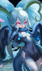 Rule 34 | 1girl, black dress, black scarf, blue scarf, braid, crown braid, curled horns, dress, fate/grand order, fate (series), green horns, hair between eyes, highres, horns, large horns, larva tiamat (fate), larva tiamat (second ascension) (fate), long hair, long horns, long sleeves, looking at viewer, m0 chi, pantyhose, pink eyes, pointy ears, scarf, sidelocks, sleeves past fingers, sleeves past wrists, solo, symbol-shaped pupils, tail, tiamat (fate), twintails, very long hair, white pantyhose, x-shaped pupils