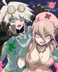 Rule 34 | 1boy, 1girl, ahoge, animal print, bat print, black background, black gloves, blonde hair, blood, blood from mouth, blood on breasts, breasts, buttons, claw pose, collarbone, danganronpa (series), danganronpa v3: killing harmony, eyewear on head, fangs, gloves, green eyes, green gloves, hair between eyes, hakusoto, halloween, hands up, happy halloween, hat, iruma miu, jacket, jewelry, k1-b0, large breasts, long hair, looking at viewer, necklace, no bra, nurse, nurse cap, paint splatter, pink blood, short hair, symbol-only commentary, teeth, tongue, tongue out, upper teeth only