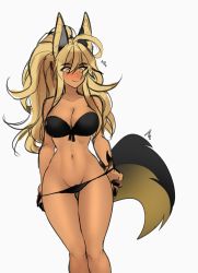 Rule 34 | 1girl, ahoge, animal ears, ankh (nsfwolf), big hair, bikini, bikini pull, black bikini, black nails, blush, breasts, claws, cleavage, clothes pull, constricted pupils, dark-skinned female, dark skin, fingernails, highres, huge ahoge, jackal ears, large breasts, light smile, long fingernails, long hair, long tail, looking down, multicolored tail, nail polish, narrow waist, navel, nose blush, nsfwolf, original, pulling own clothes, pussy, pussy peek, solo, standing, strapless, strapless bikini, swimsuit, tail, thick eyebrows, thigh gap, toned, white background