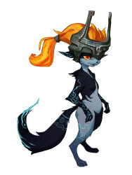 Rule 34 | 1girl, absurdres, alternate species, animal feet, animal nose, black skin, breasts, colored sclera, colored skin, fang, female focus, full body, furry, furry female, grey headwear, grey skin, happy, helmet, highres, long hair, midna, multicolored skin, neon trim, nintendo, one eye covered, open mouth, orange hair, pointy ears, ponytail, red eyes, simple background, slit pupils, small breasts, smile, snout, solo, standing, tail, the legend of zelda, the legend of zelda: twilight princess, two-tone skin, white background, wolf girl, wolf tail, yellow sclera, zeker art