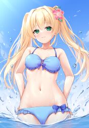 Rule 34 | 1girl, 3:, absurdres, arms at sides, bare arms, bikini, blonde hair, blue bikini, blue bow, blue sky, blush, bow, breasts, cameltoe, cleavage, closed mouth, collarbone, commentary, corsage, cowboy shot, curvy, day, eyelashes, eyes visible through hair, floating hair, flower, frilled bikini, frills, frown, green eyes, hair between eyes, hair flower, hair intakes, hair ornament, halterneck, highres, lips, long hair, looking at viewer, looking down, navel, ncontrail (mgax7527), ocean, outdoors, pink flower, shiny skin, shy, sky, small breasts, solo, standing, stomach, summer pockets, sunlight, swimsuit, tsumugi wenders, twintails, wading, water, water drop, wet