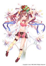 Rule 34 | 1girl, :o, armpits, arms up, asymmetrical legwear, blue ribbon, bow, bracelet, brown bow, brown eyes, brown footwear, brown hair, brown skirt, cacao (flower knight girl), chestnut mouth, clothing cutout, flower, flower knight girl, full body, hair ribbon, heart cutout, jewelry, long hair, looking at viewer, midriff, miniskirt, multicolored ribbon, name connection, navel, object namesake, official art, red bow, red ribbon, ribbon, see-through, shoes, single thighhigh, skirt, solo, standing, striped ribbon, thighhighs, twintails, uneven legwear, white background, yanase aki, yellow thighhighs