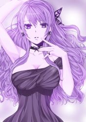 Rule 34 | 1girl, absurdres, bad id, bad pixiv id, breasts, butterfly hair ornament, choker, colorized, hair ornament, highres, large breasts, long hair, looking at viewer, mutou riu, original, purple eyes, purple hair, purple theme, solo