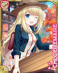 Rule 34 | 1girl, blonde hair, blue eyes, card, character name, chloe lemaire, day, denim, dress, girlfriend (kari), hat, jacket, long hair, official art, open mouth, outdoors, qp:flapper, smile, solo, standing, tagme, wink, yellow dress