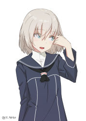 Rule 34 | 1girl, 4690 (tkpbsk), alternate hair length, alternate hairstyle, black neckerchief, blue dress, blue eyes, blue sailor collar, commentary request, dress, grey hair, kantai collection, looking to the side, neckerchief, one-hour drawing challenge, sailor collar, sailor dress, short hair, simple background, solo, twitter username, upper body, white background, z1 leberecht maass (kancolle)