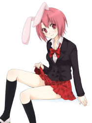 Rule 34 | 1girl, animal ears, black jacket, black socks, blush, bow, bowtie, breasts, character request, closed mouth, clothes lift, copyright request, female focus, hand up, happy, jacket, kneehighs, lifting own clothes, light blush, long sleeves, looking at viewer, matching hair/eyes, medium breasts, miniskirt, pink eyes, pink hair, pleated skirt, rabbit ears, rabbit girl, red bow, red bowtie, red skirt, school uniform, shirt, shoes, short hair, simple background, sitting, skirt, skirt lift, smile, socks, solo, usashiro mani, white background, white footwear, white shirt
