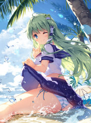 Rule 34 | 1girl, ;), ahoge, alternate costume, ass, bikini, bikini under clothes, bird, blue bikini, blue eyes, blue skirt, blue sky, blush, breasts, chair, clothes lift, cloud, commentary request, contemporary, day, feet out of frame, finger to face, frog hair ornament, from behind, green hair, hair ornament, hair tubes, index finger raised, kochiya sanae, large breasts, lens flare, lifting own clothes, long hair, looking at viewer, looking back, midriff peek, miniskirt, miyase mahiro, one eye closed, outdoors, palm tree, sailor collar, sand, school uniform, serafuku, short sleeves, side-tie bikini bottom, sitting, skirt, skirt lift, sky, smile, snake hair ornament, solo, striped bikini, striped clothes, swimsuit, thighs, touhou, tree, umbrella, water, water drop