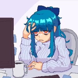 Rule 34 | 1girl, aqua hair, bags under eyes, blue bow, blunt bangs, bow, coffee mug, cup, endless monday: dreams and deadlines, hair bow, hcnone, long hair, messy hair, mug, orange eyes, original, penny (hcnone), pixel art, ponytail, sidelocks, simple background, sitting, solo, sweater, upper body, white sweater