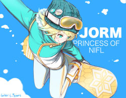 Rule 34 | 1girl, aqua eyes, artist name, blonde hair, blue background, character name, contemporary, fire emblem, fire emblem heroes, fjorm (fire emblem), from above, fur trim, goggles, hat, ippers, jacket, nintendo, short hair, simple background, ski goggles, smile, snowboard, snowboarding, solo, twitter username, winter clothes