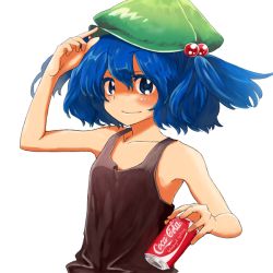 Rule 34 | 1girl, bad id, bad pixiv id, blue eyes, blue hair, can, coca-cola, drink can, female focus, hair bobbles, hair ornament, hat, kawashiro nitori, matching hair/eyes, matsutani, product placement, simple background, soda can, solo, tank top, touhou, twintails, two side up, upper body, white background