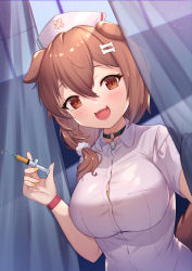 Rule 34 | 1girl, :d, animal ears, black choker, blush, bone hair ornament, breasts, brown eyes, brown hair, choker, collared shirt, curtains, dog ears, dog girl, dog tail, dutch angle, hair between eyes, hair ornament, hat, highres, holding, holding syringe, hololive, inugami korone, large breasts, long hair, looking at viewer, nail polish, nurse cap, open mouth, shirt, short sleeves, smile, solo, syringe, tail, uneg, upper body, virtual youtuber, white shirt, yellow nails