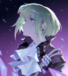 Rule 34 | 1boy, androgynous, ascot, black background, black jacket, close-up, gradient background, green hair, highres, jacket, kokunen aoteci, lio fotia, looking up, male focus, parted lips, promare, purple background, purple eyes, short hair, solo, studded, upper body