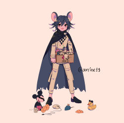 Rule 34 | 1boy, absurdres, artist name, black hair, cape, checkered clothes, checkered scarf, danganronpa (series), danganronpa v3: killing harmony, full body, highres, mickey mouse, mouse (animal), mouse (computer), oma kokichi, overine19, purple eyes, purple hair, rubber duck, scarf, shoes, short hair, solo, straitjacket, toy