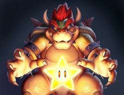 Rule 34 | 1boy, armlet, bowser, bracelet, claws, derivative work, evil grin, evil smile, floating, floating object, glowing, grin, highres, horns, jewelry, looking at object, mario (series), nintendo, super star (mario), red hair, screenshot redraw, shell, smile, solo, spiked armlet, spiked bracelet, spiked shell, spikes, ssj sophia, super star (mario), the super mario bros. movie, watermark