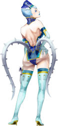 Rule 34 | 10s, 1girl, ass, backless outfit, bare back, blue eyes, blue hair, blue rose (tiger &amp; bunny), boots, earrings, elbow gloves, from behind, gloves, hat, high heels, holstered, jewelry, karina lyle, lips, matching hair/eyes, ootamu, realistic, shoes, short hair, solo, thigh boots, thighhighs, tiger &amp; bunny