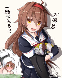 Rule 34 | 1boy, 1girl, admiral (kancolle), back-to-back, bath, bathing, breasts, brown hair, bucket, commentary request, covering privates, covering breasts, dated, embarrassed, failure penguin, giraffe (ilconte), gloves, hairband, highres, kantai collection, long hair, looking at viewer, miss cloud, open mouth, remodel (kantai collection), school uniform, shampoo bottle, shiratsuyu (kancolle), towel, towel on head, translated, yellow eyes