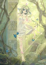 Rule 34 | 1girl, animal, animal on arm, animal on head, barefoot, bird, bird on arm, bird on head, blonde hair, bug, butterfly, dress, flower, forest, hair flower, hair ornament, insect, kuga tsukasa, leg ribbon, looking at viewer, nature, on head, original, outdoors, overgrown, ribbon, rock, ruins, see-through, solo, standing, sunlight, white dress