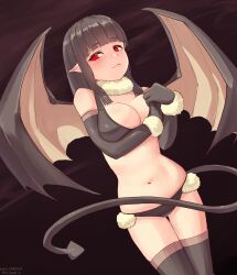 Rule 34 | 1girl, absurdres, black background, black bra, black gloves, black hair, black panties, black thighhighs, blunt bangs, blush, bra, breasts, cleavage, commentary request, cowboy shot, demon girl, demon tail, demon wings, elbow gloves, eva (mon-musu quest!), fur collar, gloves, highres, large breasts, light smile, long hair, looking at viewer, mon-musu quest!, navel, own hands together, panties, partial commentary, pixiv id, pointy ears, red eyes, simple background, stomach, tail, thighhighs, to kage p, twitter username, underwear, wings