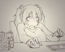 Rule 34 | 1girl, bags under eyes, chair, collared shirt, energy drink, eyebrows, eyelashes, fingernails, greyscale, hatsune miku, keyboard (computer), long fingernails, monochrome, monster energy, mouse (computer), office chair, red bull, shirt, sketch, solo, sweater, swivel chair, twintails, vocaloid, wokada