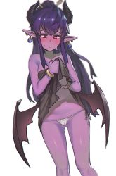 Rule 34 | 1girl, ahoge, bad id, bad pixiv id, bangle, bare shoulders, blush, bracelet, clothes lift, colored skin, demon girl, demon horns, demon wings, dress, dress lift, earrings, gluteal fold, hair ornament, harabacho (gkfkqkch1), head tilt, horns, jewelry, long hair, looking down, low wings, ming (mg), navel, original, panties, parted lips, pointy ears, ponytail, purple hair, purple skin, red eyes, side-tie panties, sidelocks, simple background, solo, strapless, strapless dress, underwear, very long hair, white background, white panties, wings