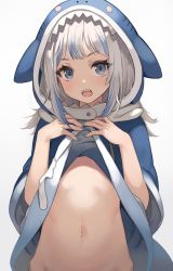 Rule 34 | 1girl, animal costume, animal hood, bad id, bad twitter id, blue eyes, blue nails, blush, commentary request, dress, fins, fish tail, gawr gura, gawr gura (1st costume), highres, hololive, hololive english, hood, lifting own clothes, long hair, looking at viewer, nail polish, navel, open mouth, out-of-frame censoring, shark costume, shark girl, shark hood, shark print, shark tail, sharp teeth, silver hair, simple background, solo, srm chi, stomach, tail, teeth, virtual youtuber, white background