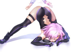 Rule 34 | 1boy, 1girl, absurdres, arm rest, ass, back cutout, bare shoulders, black leotard, black thighhighs, blush, breast press, breasts, cleavage, cleavage cutout, clothing cutout, command spell, elbow gloves, fate/grand order, fate (series), flexible, fujimaru ritsuka (male), gloves, hair over one eye, hands on ground, head out of frame, highleg, highleg leotard, highres, jack-o&#039; challenge, large breasts, leotard, light purple hair, looking at viewer, mash kyrielight, meme, mishima psycho, open mouth, out of frame, purple eyes, purple gloves, short hair, spanking, spread legs, stretching, thigh strap, thighhighs, top-down bottom-up, wide spread legs