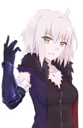 Rule 34 | 1girl, ahoge, bad id, bad pixiv id, black dress, blue gloves, breasts, brown eyes, collarbone, commentary request, dress, elbow gloves, fate/grand order, fate (series), fur-trimmed gloves, fur-trimmed jacket, fur trim, gloves, grey hair, hair between eyes, head tilt, highres, jacket, jeanne d&#039;arc (fate), jeanne d&#039;arc alter (fate), jeanne d&#039;arc alter (ver. shinjuku 1999) (fate), jewelry, jilu, looking at viewer, medium breasts, official alternate costume, open clothes, open jacket, parted lips, pendant, purple jacket, simple background, solo, torn clothes, torn jacket, upper body, vambraces, white background, wicked dragon witch ver. shinjuku 1999