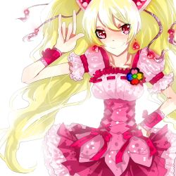 Rule 34 | 00s, 1girl, \m/, bad proportions, blonde hair, bow, brooch, corset, cure peach, dress, earrings, fresh precure!, hair ornament, hairpin, heart, heart hair ornament, jewelry, long hair, magical girl, momozono love, morita baltan, pink bow, precure, red eyes, ribbon, smile, solo, twintails, wrist cuffs