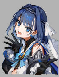 Rule 34 | 1girl, :d, black gloves, blue bow, blue bowtie, blue eyes, blue hair, bow, bow earrings, bowtie, breasts, brooch, chain, chain headband, cleavage, cleavage cutout, clothing cutout, commentary request, earrings, fangs, gloves, hair intakes, hair ornament, head chain, highres, hololive, hololive english, jewelry, large breasts, looking at viewer, medium hair, open mouth, ouro kronii, ouro kronii (1st costume), smile, solo, v, virtual youtuber, wada arco